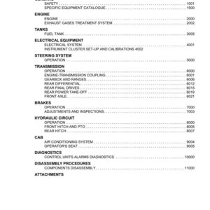 Puede incluir: Tabla de contenidos de un cat&aacute;logo de Argo Tractors. Enumera secciones como General, Motor, Dep&oacute;sitos, Equipamiento el&eacute;ctrico, Sistema de direcci&oacute;n, Transmisi&oacute;n, Frenos, Circuito hidr&aacute;ulico, Cabina, Diagn&oacute;stico, Procedimientos de desmontaje y Accesorios.