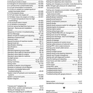 Op de afbeelding: Een pagina uit een handleiding met een index van probleemoplossing onderwerpen voor machines. De index bevat onderwerpen als motorproblemen, oliedruk en elektrische systeemdiagnostiek. De tekst is zwart op een witte achtergrond.
