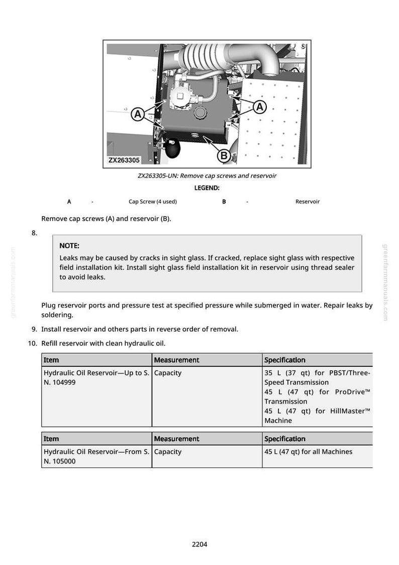 May include: Diagram of a machine component with labels and instructions. The image includes a detailed view of a reservoir, cap screws, and related components. Text provides guidance on removal, inspection, and maintenance procedures for the hydraulic oil reservoir.