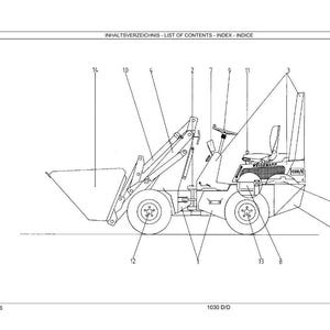 May include: Line drawing of a small front-end loader with a bucket, seat, and wheels. The image includes labels and the text "INHALTSVERZEICHNIS - LIST OF CONTENTS - INDEX - INDICE" at the top. The number "1030 D/D" is at the bottom.