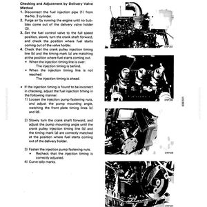 K&ouml;nnte beinhalten: Eine Seite aus einem Handbuch, die die &Uuml;berpr&uuml;fung und Einstellung der Einspritzventile beschreibt. Die Seite enth&auml;lt Textanweisungen und mehrere Schwarz-Wei&szlig;-Diagramme von Motorkomponenten, einschlie&szlig;lich Kraftstoffeinspritzleitungen und Markierungen.