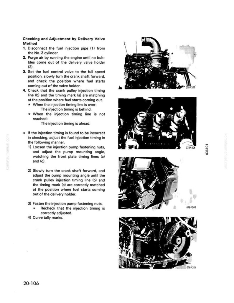 K&ouml;nnte beinhalten: Eine Seite aus einem Handbuch, die die &Uuml;berpr&uuml;fung und Einstellung der Einspritzventile beschreibt. Die Seite enth&auml;lt Textanweisungen und mehrere Schwarz-Wei&szlig;-Diagramme von Motorkomponenten, einschlie&szlig;lich Kraftstoffeinspritzleitungen und Markierungen.