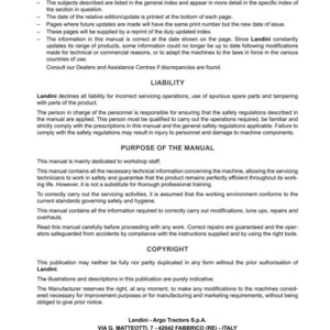 Op de afbeelding: Een zwart-wit gedrukte handleiding voor Serie 5-5HC tractoren van Landini. De handleiding bevat informatie over inleiding, aansprakelijkheid en doel. Inclusief copyrightinformatie en het adres van de fabrikant in Itali&euml;. Voor werkplaatsmedewerkers.