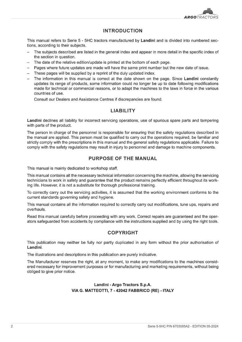 Op de afbeelding: Een zwart-wit gedrukte handleiding voor Serie 5-5HC tractoren van Landini. De handleiding bevat informatie over inleiding, aansprakelijkheid en doel. Inclusief copyrightinformatie en het adres van de fabrikant in Itali&euml;. Voor werkplaatsmedewerkers.