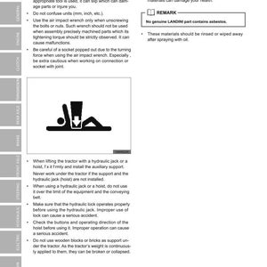 May include: Safety tips document with sections on tools, equipment, and hazardous materials. Includes warnings about using the correct tools, avoiding asbestos, and proper lifting techniques for tractors.