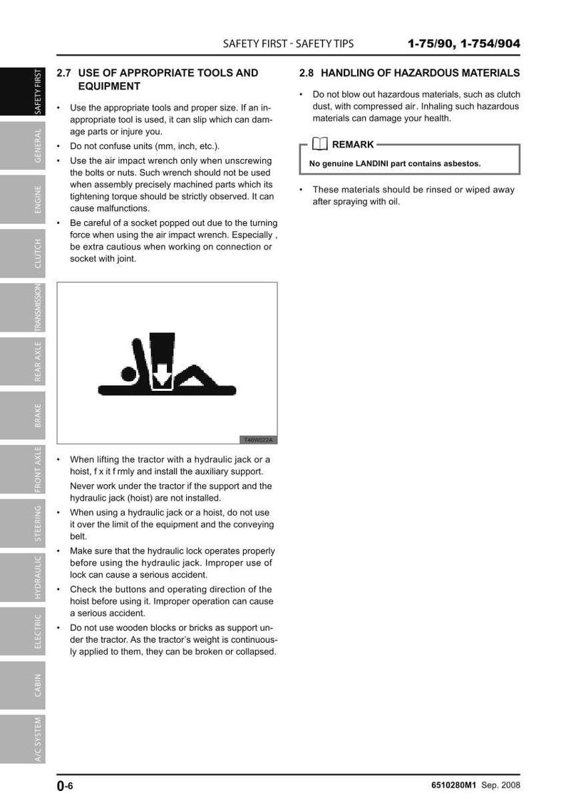 May include: Safety tips document with sections on tools, equipment, and hazardous materials. Includes warnings about using the correct tools, avoiding asbestos, and proper lifting techniques for tractors.