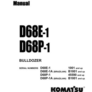 May include: A white shop manual cover with black text. The title "Shop Manual" is at the top, followed by "D68E-1" and "D68P-1". The word "BULLDOZER" is below the model numbers. The Komatsu logo and website address are at the bottom.