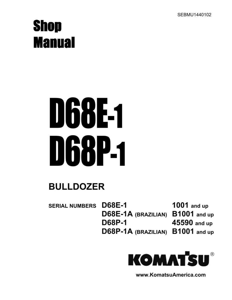 May include: A white shop manual cover with black text. The title "Shop Manual" is at the top, followed by "D68E-1" and "D68P-1". The word "BULLDOZER" is below the model numbers. The Komatsu logo and website address are at the bottom.