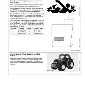 May include: Safety manual page with diagrams and text. Includes warnings about rotating drivelines, PTO, and tractor safety. Features a table with PTO type, diameter in inches, splines, and n &plusmn; 0.20 in. Also shows a tractor image.