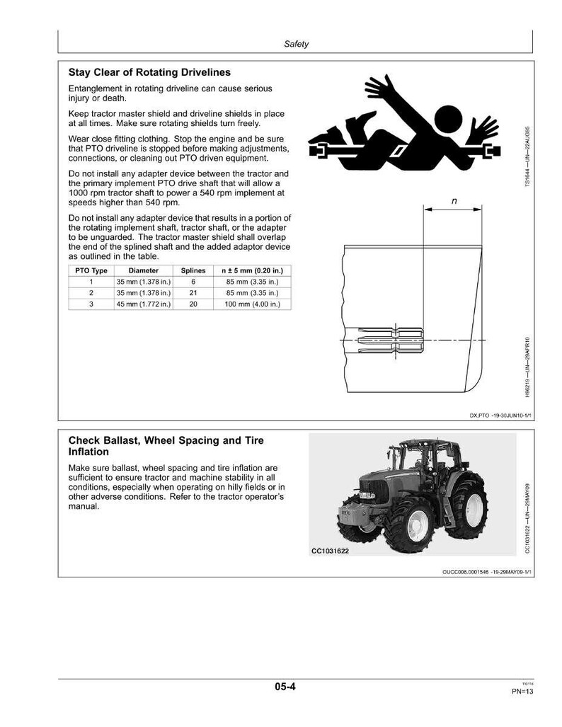 May include: Safety manual page with diagrams and text. Includes warnings about rotating drivelines, PTO, and tractor safety. Features a table with PTO type, diameter in inches, splines, and n &plusmn; 0.20 in. Also shows a tractor image.