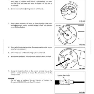 May include: Diagram showing the crimping process for a DT type contact terminal. Includes instructions and diagrams for disassembly, assembly, and connector repair procedures. Features a rotating dial for wire size selection and an inspection hole.
