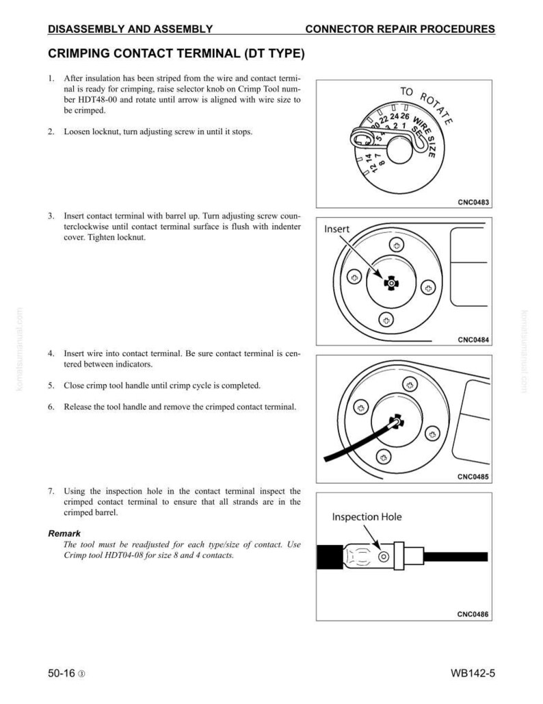 May include: Diagram showing the crimping process for a DT type contact terminal. Includes instructions and diagrams for disassembly, assembly, and connector repair procedures. Features a rotating dial for wire size selection and an inspection hole.