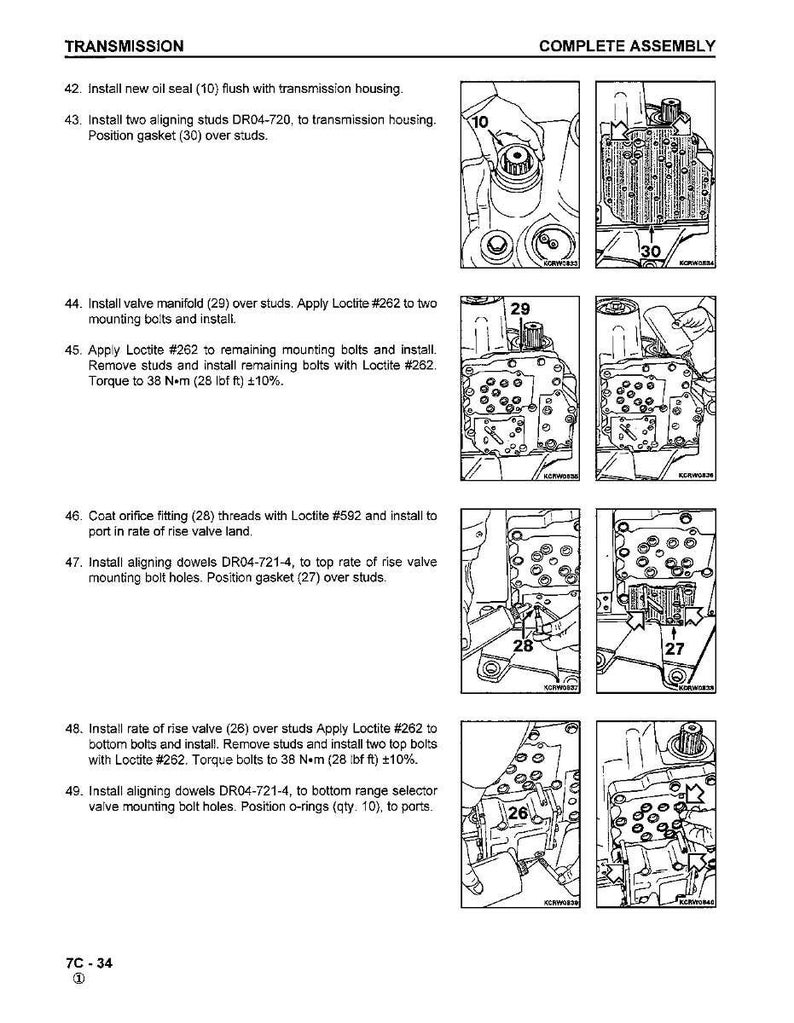 May include: Diagram of a transmission assembly with detailed instructions. The image includes numbered steps, diagrams of components, and torque specifications in lbf ft. Text includes instructions for installing seals, gaskets, and valves.