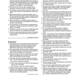 May include: Page from a safety manual with the title "Safety." The page includes sections on operator training, preparation, and operating safely, with bullet points detailing safety procedures and precautions.