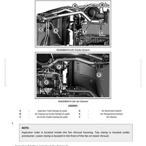 May include: Diagram of an air intake system for M4030 and M4040 sprayers. The image includes detailed views of the intake system and air cleaner, with labels for components like aspirator tube clamps and air temperature sensors. Text provides instructions for inspection and tightening.