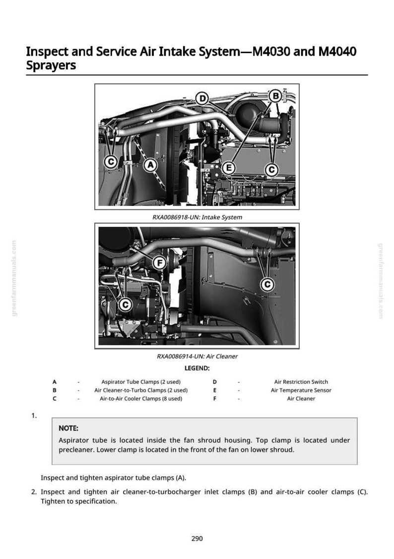 May include: Diagram of an air intake system for M4030 and M4040 sprayers. The image includes detailed views of the intake system and air cleaner, with labels for components like aspirator tube clamps and air temperature sensors. Text provides instructions for inspection and tightening.