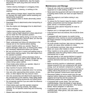 May include: A safety manual page with instructions for machinery operation. It details safety measures for starting, operating, and maintaining equipment, including warnings about potential dangers and maintenance advice. The page is numbered 12.
