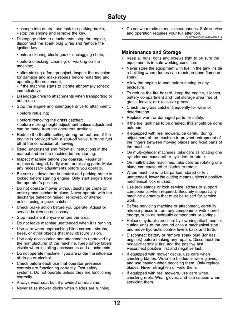 May include: A safety manual page with instructions for machinery operation. It details safety measures for starting, operating, and maintaining equipment, including warnings about potential dangers and maintenance advice. The page is numbered 12.