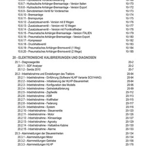 May include: A detailed table of contents in German, listing various components and systems for a tractor, including braking systems, electronic calibrations, and diagnostic tools. The document is organized with numbered sections and page references.