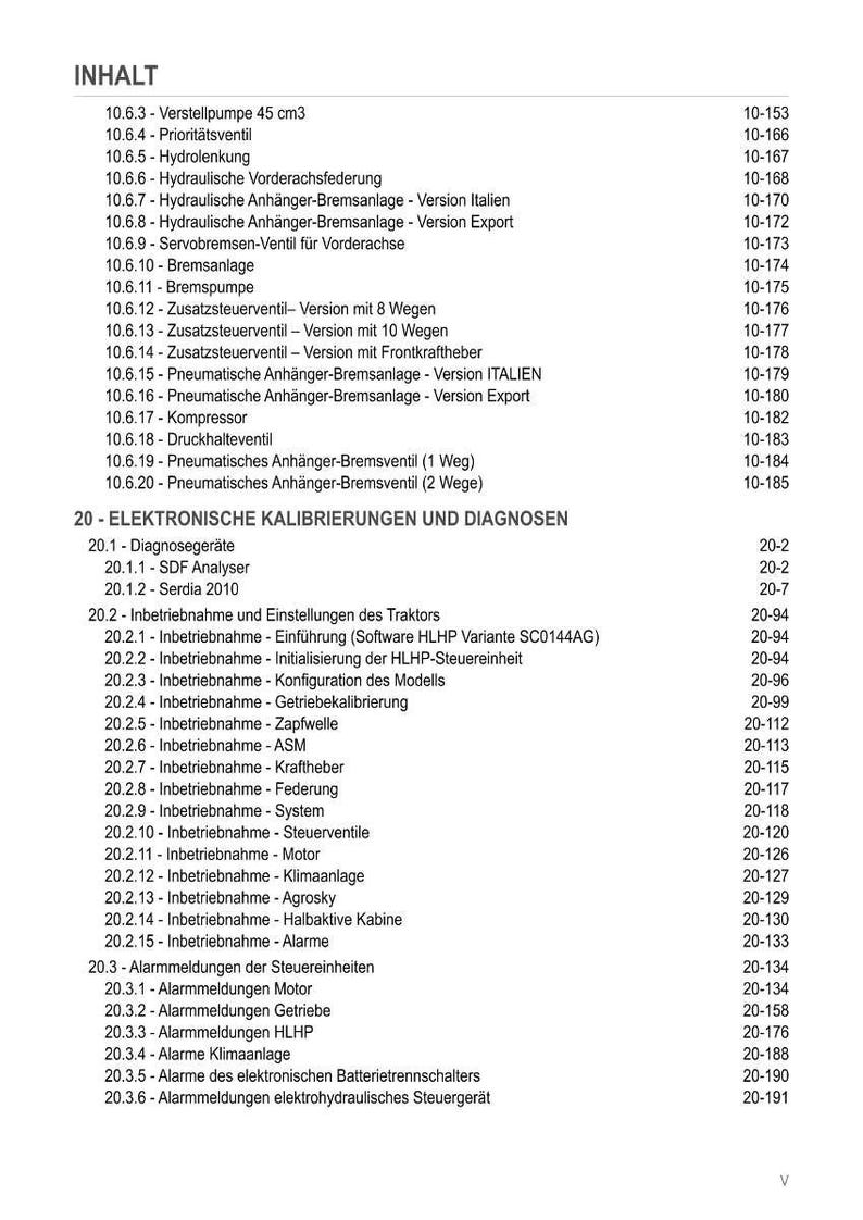 May include: A detailed table of contents in German, listing various components and systems for a tractor, including braking systems, electronic calibrations, and diagnostic tools. The document is organized with numbered sections and page references.
