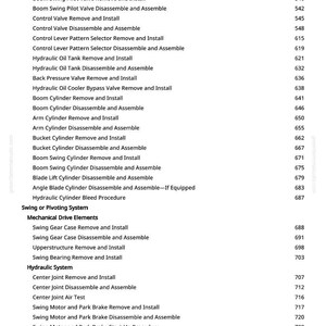 May include: A white page detailing mechanical and hydraulic system procedures, such as disassembly and assembly, for heavy machinery. The list includes part numbers.