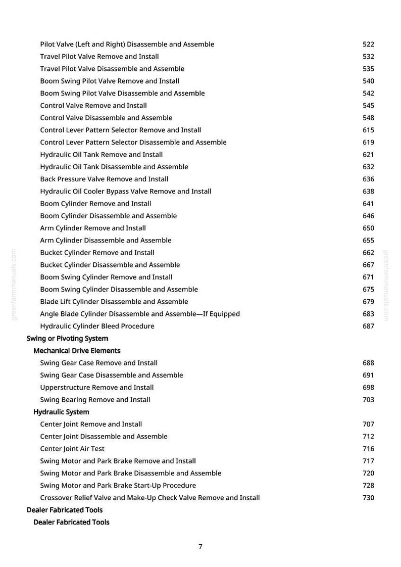 May include: A white page detailing mechanical and hydraulic system procedures, such as disassembly and assembly, for heavy machinery. The list includes part numbers.