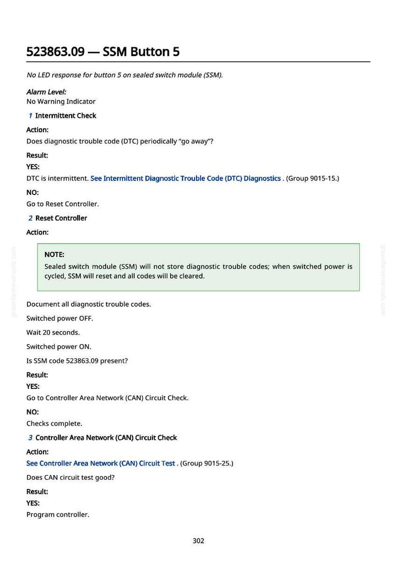May include: A page from a manual titled "523863.09 - SSM Button 5." The text details troubleshooting steps for a sealed switch module (SSM), including intermittent checks, reset procedures, and controller checks. The page includes diagnostic instructions.
