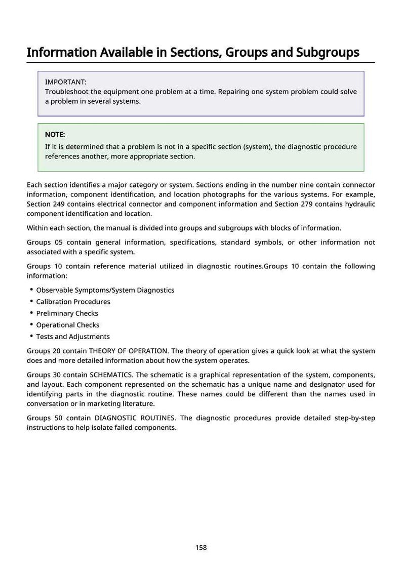 May include: A page from a manual titled "Information Available in Sections, Groups and Subgroups." The text is organized into sections, groups, and subgroups, with bullet points and numbered sections. The page includes the number 158 at the bottom.