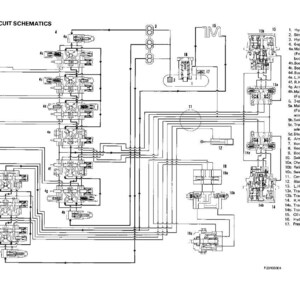 Pode incluir: Um diagrama esquem&aacute;tico detalhado em preto e branco de um circuito hidr&aacute;ulico, com numerosos componentes interconectados e etiquetas. O diagrama inclui o texto "HYDRAULIC CIRCUIT SCHEMATICS" e "Serial No. 1001-3400".