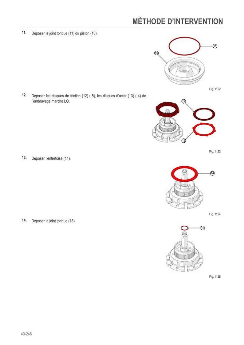May include: Diagram of mechanical components with labels and illustrations. The image includes a piston, friction discs, and O-rings, with the text "M&Eacute;THODE D'INTERVENTION" at the top. The diagram is for technical reference.