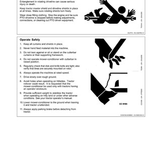 K&ouml;nnte beinhalten: Sicherheitsanweisungsseite mit Illustrationen und Text. Der obere Abschnitt warnt vor rotierenden Antriebswellen, mit einer Strichm&auml;nnchen-Darstellung. Der untere Abschnitt listet Sicherheitsrichtlinien auf.