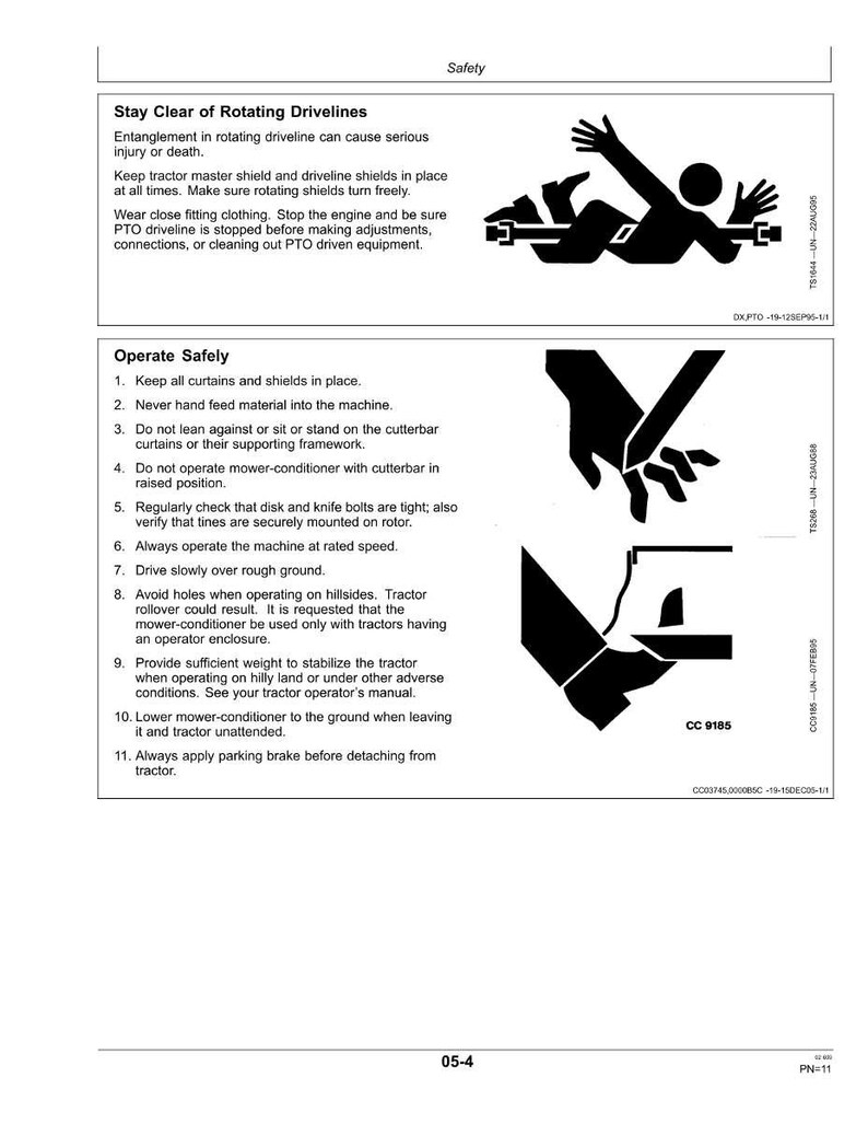 K&ouml;nnte beinhalten: Sicherheitsanweisungsseite mit Illustrationen und Text. Der obere Abschnitt warnt vor rotierenden Antriebswellen, mit einer Strichm&auml;nnchen-Darstellung. Der untere Abschnitt listet Sicherheitsrichtlinien auf.