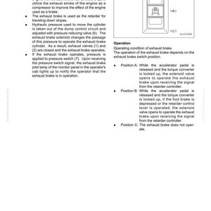 May include: Diagram of an exhaust brake system with labeled components and operational positions. Includes text outlining the brake's function, hydraulic pressure, and solenoid operation. The diagram shows positions A, B, and C.