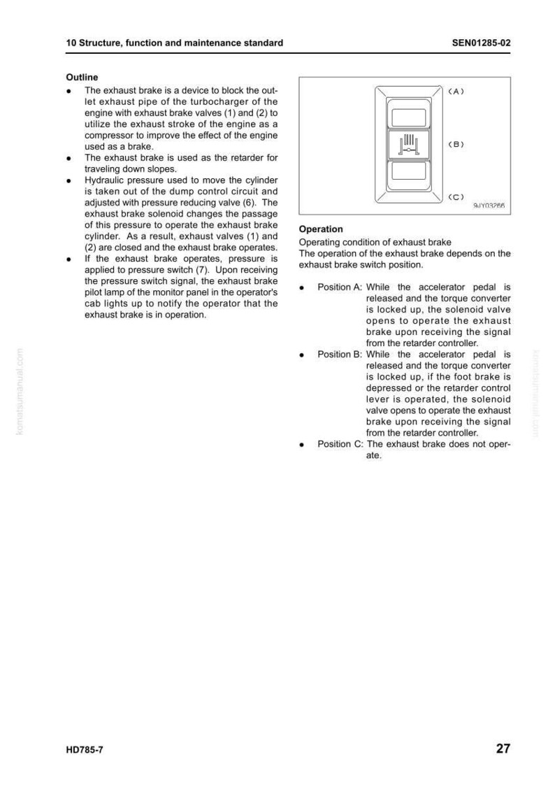 May include: Diagram of an exhaust brake system with labeled components and operational positions. Includes text outlining the brake's function, hydraulic pressure, and solenoid operation. The diagram shows positions A, B, and C.