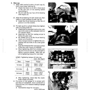 May include: A page from a manual titled "Disassembly and Assembly" with diagrams and instructions. The text details steps for engine maintenance, including aligning bearings and tightening bolts. Measurements are in Nm and kgm.