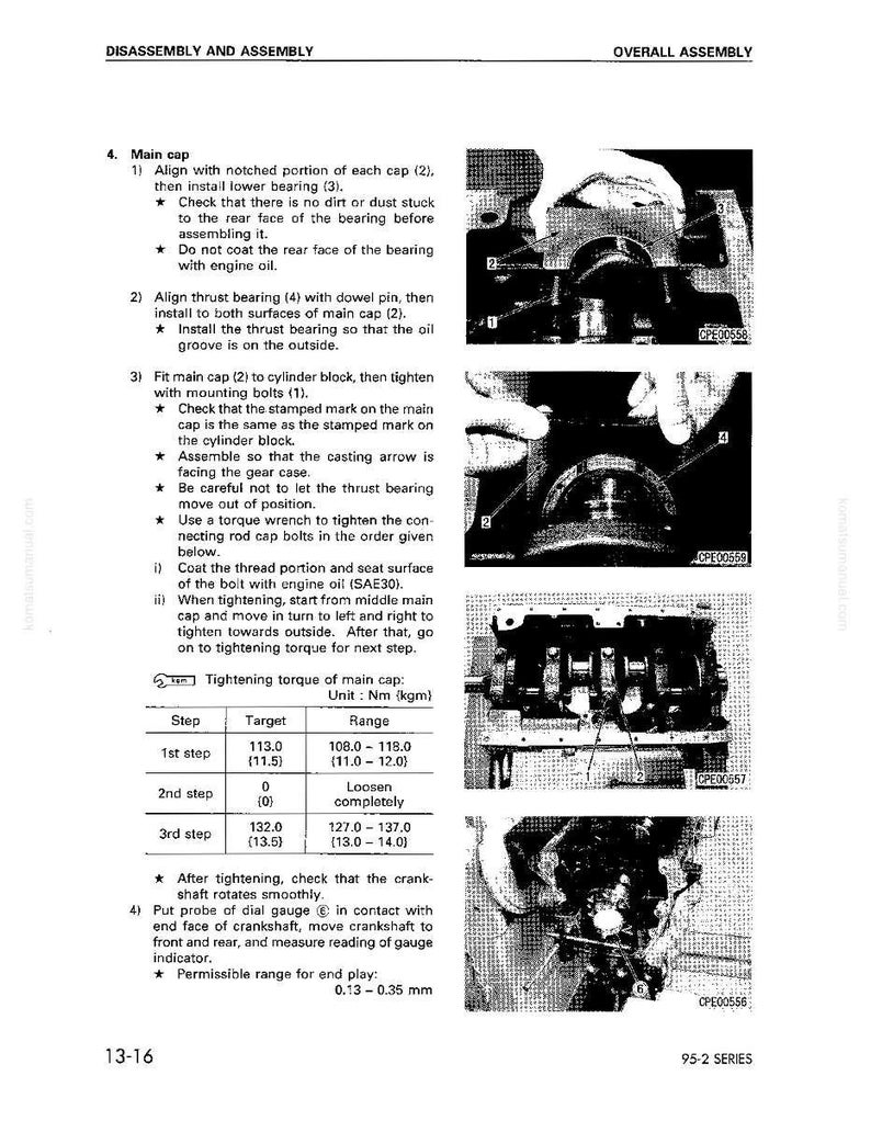 May include: A page from a manual titled "Disassembly and Assembly" with diagrams and instructions. The text details steps for engine maintenance, including aligning bearings and tightening bolts. Measurements are in Nm and kgm.