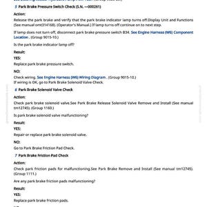 K&ouml;nnte beinhalten: Eine Seite aus einem greenfarmmanuals.com-Handbuch mit Fehlerbehebungsschritten f&uuml;r ein Parkbremssystem. Der Text enth&auml;lt &Uuml;berpr&uuml;fungen f&uuml;r den Druckschalter, das Magnetventil und die Reibbel&auml;ge, mit Anweisungen und Ergebnissen.