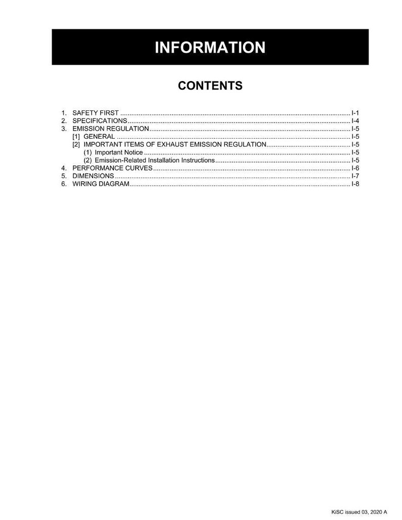 May include: A white document with the title "INFORMATION" in a black rectangle at the top. The document lists contents including safety, specifications, emission regulation, performance curves, dimensions, and a wiring diagram. The document is dated 2020.