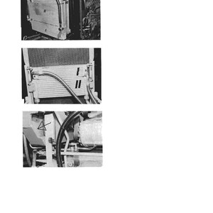 May include: Black and white images of a vehicle's radiator and related components. The images show close-ups of the radiator core, hoses, and mounting hardware. The radiator has vertical fins and is connected to various tubes and fittings.