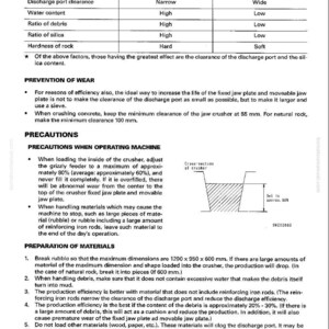 May include: Technical diagram from a manual about a crusher, detailing the prevention of wear on teeth. Includes a table comparing factors like discharge port clearance and hardness of rock. Also shows a cross-section diagram.