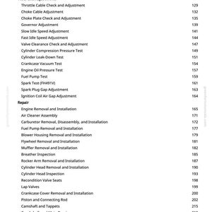 May include: A page from a manual with a table of contents for engine repair. The topics include carburetor cleaning, fuel, tests, adjustments, and various repair procedures. Page numbers are listed on the right.