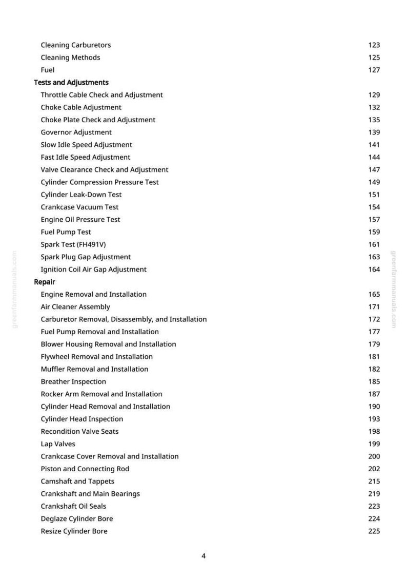 May include: A page from a manual with a table of contents for engine repair. The topics include carburetor cleaning, fuel, tests, adjustments, and various repair procedures. Page numbers are listed on the right.