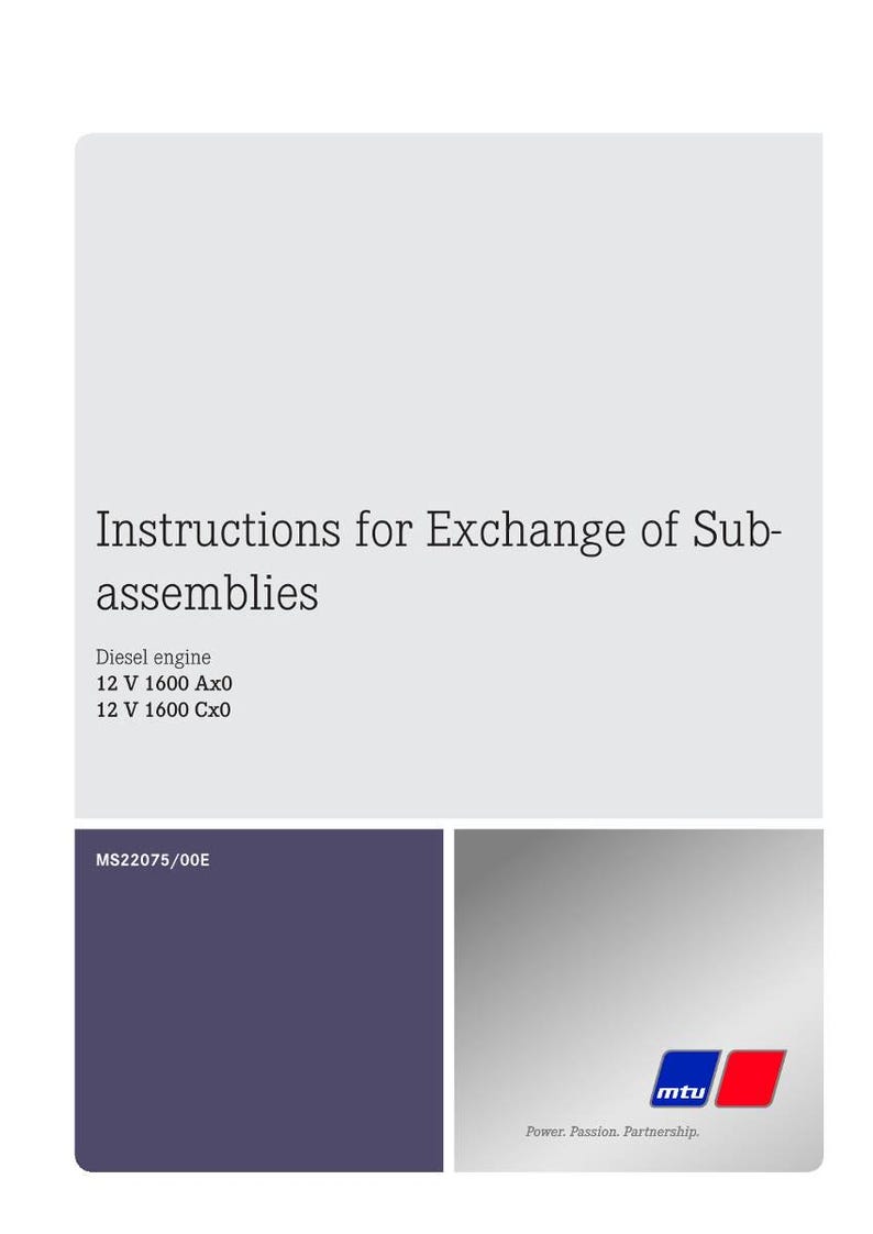 以下が含まれることがあります： 「Instructions for Exchange of Sub-assemblies」というタイトルの白いドキュメント。テキストは「Diesel engine 12 V 1600 Ax0 12 V 1600 Cx0」です。ドキュメントには、mtuのロゴが入った紫とシルバーのカラーブロックが含まれています。