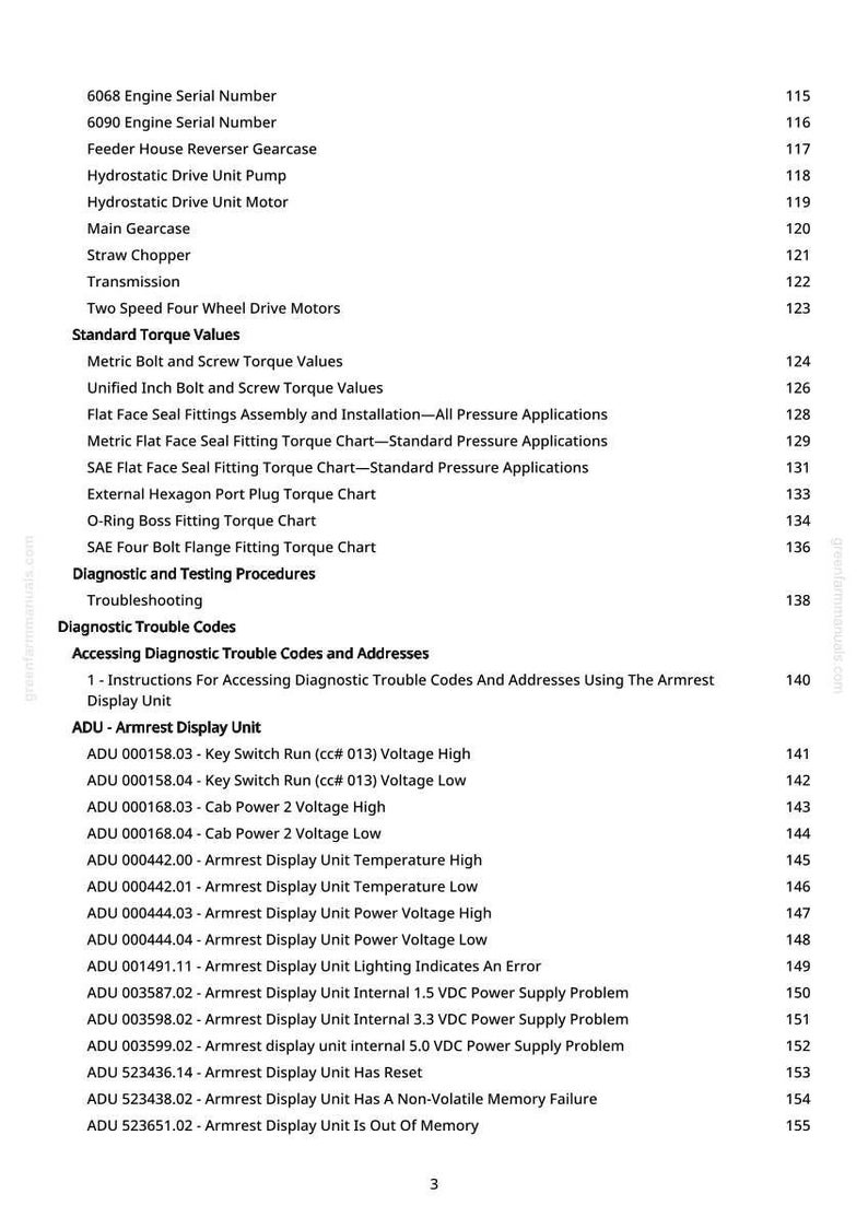 Pu&ograve; includere: Una pagina dettagliata di un manuale, che elenca specifiche tecniche e codici diagnostici. Il testo include numeri di serie, valori di coppia e procedure di risoluzione dei problemi per macchinari. Il numero di pagina &egrave; 3.