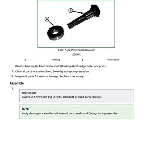 May include: Diagram of a pinion shaft assembly, including a bearing and pinion shaft, with labels A and B. The image also includes text instructions for assembly and maintenance, with notes on seals and oil.
