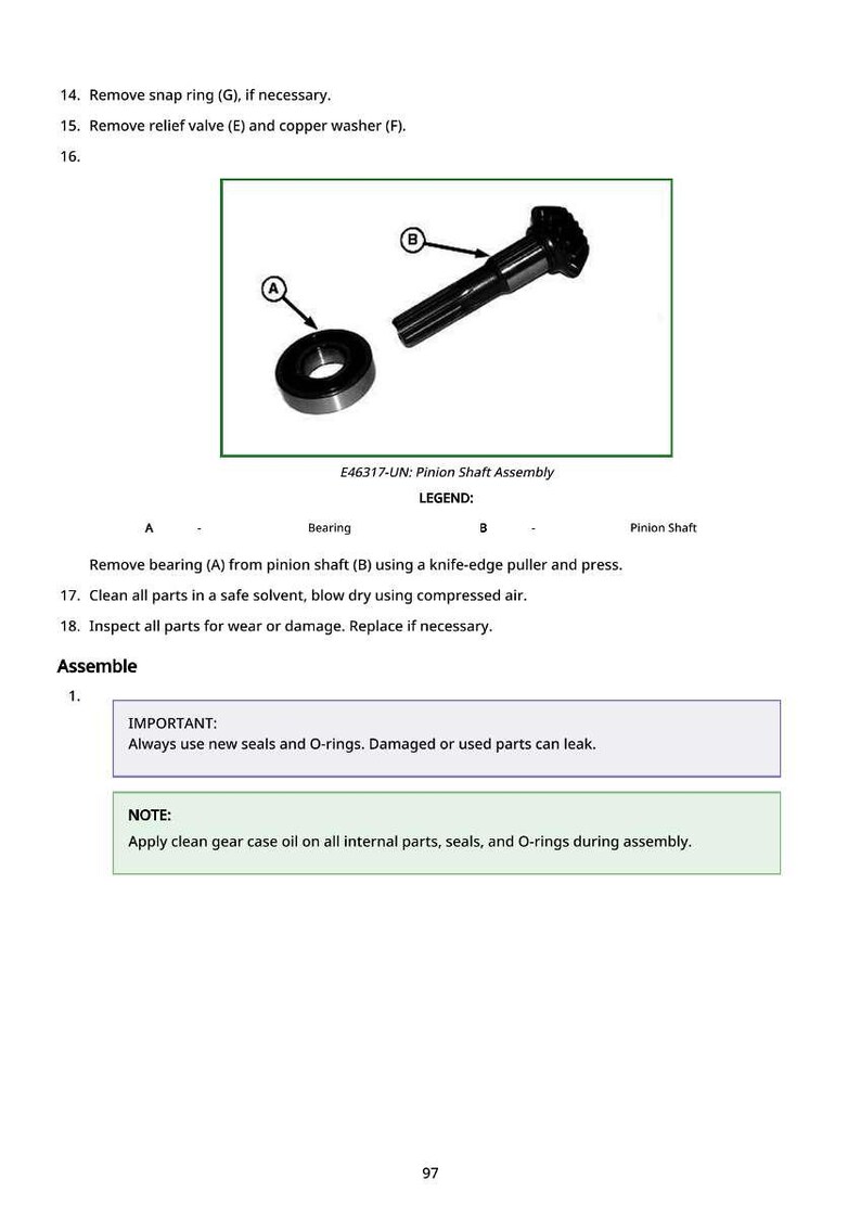 May include: Diagram of a pinion shaft assembly, including a bearing and pinion shaft, with labels A and B. The image also includes text instructions for assembly and maintenance, with notes on seals and oil.