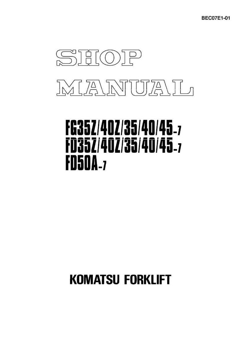May include: A white shop manual cover with black text. The title "SHOP MANUAL" is at the top. Below are model numbers: FG35Z/40Z/35/40/45-7, FD35Z/40Z/35/40/45-7, and FD50A-7. The words "KOMATSU FORKLIFT" are at the bottom.
