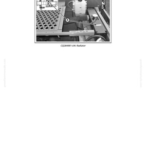 May include: Black and white diagram of a radiator assembly. The image includes a detailed illustration of the radiator's internal components, a coolant reservoir, and a perforated metal panel. Text reads "Radiator" and "CQ284981-UN: Radiator."