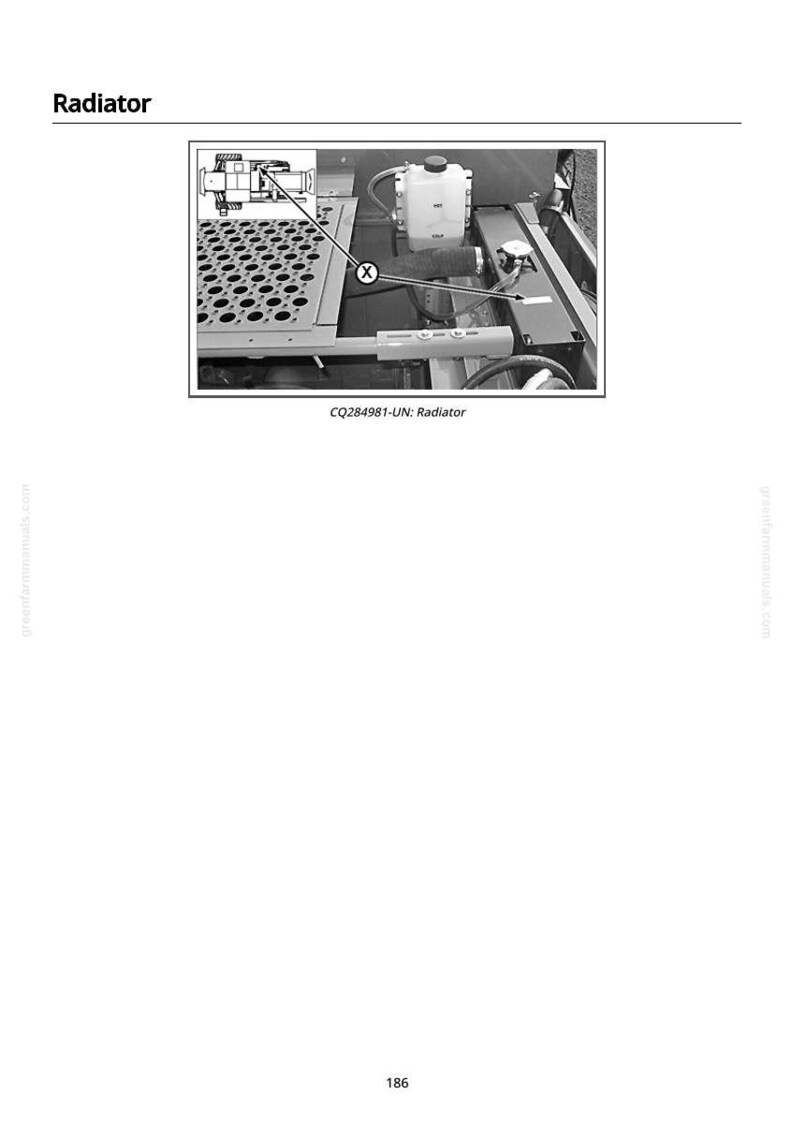 May include: Black and white diagram of a radiator assembly. The image includes a detailed illustration of the radiator's internal components, a coolant reservoir, and a perforated metal panel. Text reads "Radiator" and "CQ284981-UN: Radiator."