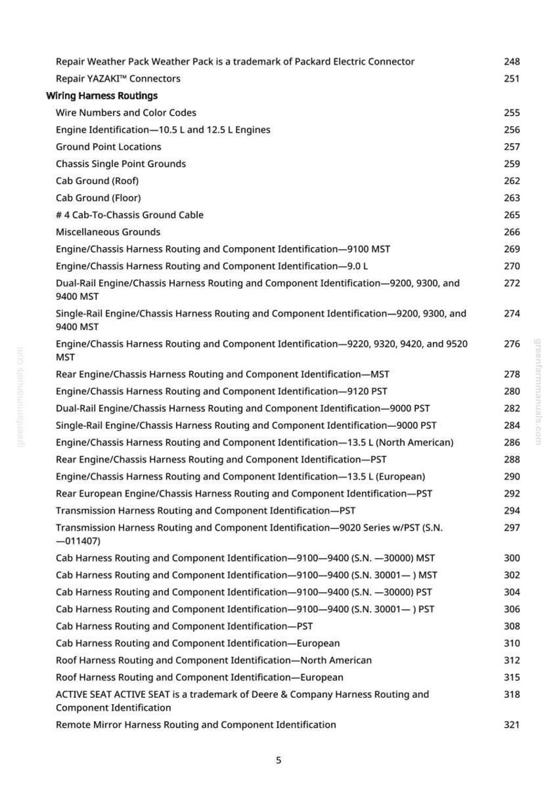 May include: A page from a manual with a table of contents for automotive wiring harness routings. The document lists various engine and chassis harness routing and component identification, including ground points and cable details. The text is black on a white background.